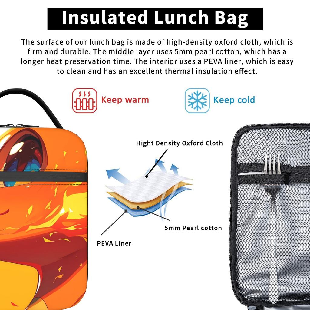 Charmander Close Manga Lunch Bag For Unisex  Print Travel Lunch Box Casual Portable Insulated Oxford Cooler Bag