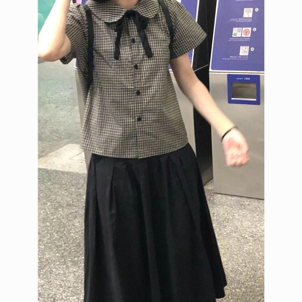 Women's Japanese Academy Plaid Shirt with Doll Collar - Summer Petite Versatile Top