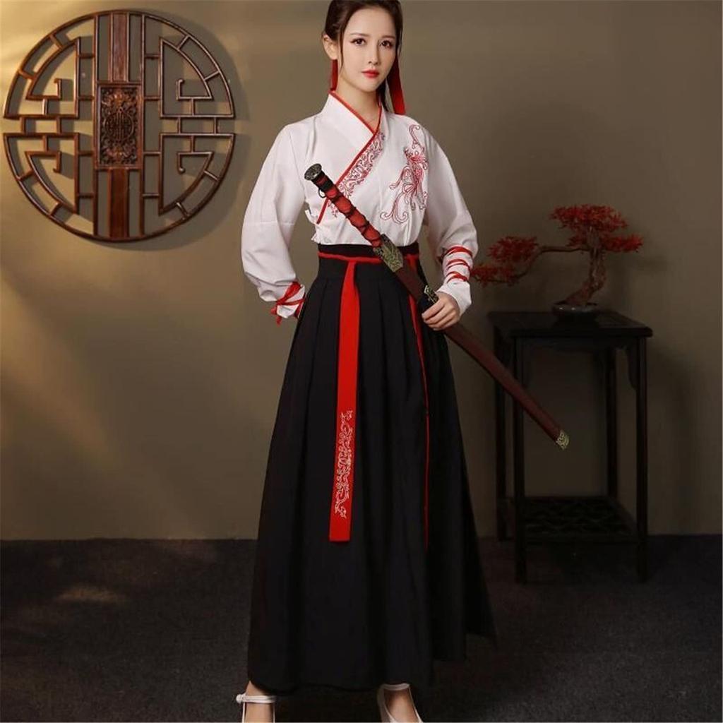 Hanfu Cosplay Costume Samurai Long Chinese Performance School Cultural Photo Stage Halloween Fancy Unisex [LanBuff] 3-Piece Set Swordsman, Hero,