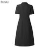 ZANZEA Women Casual Turn Down Collar Solid Color Short Sleeve Dress