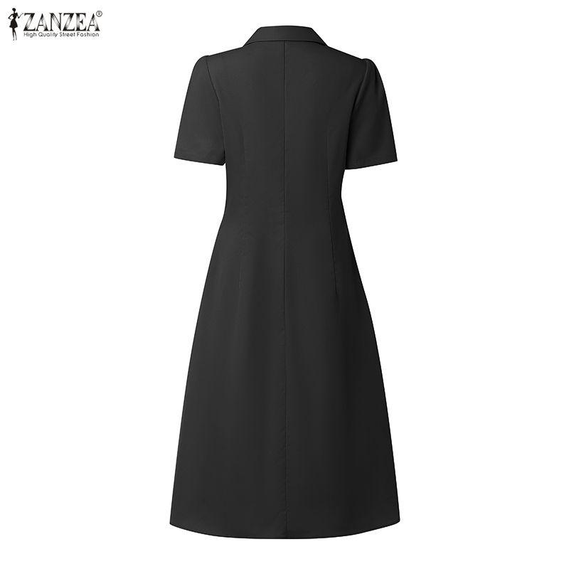 ZANZEA Women Casual Turn Down Collar Solid Color Short Sleeve Dress
