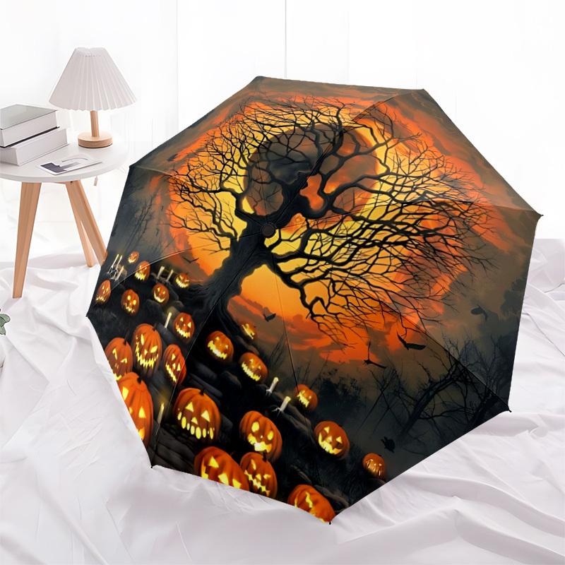 1pc Scary Halloween Pumpkins Tree Pattern Automatic Folding Umbrella, Lightweight Retractable Compact Travel Umbrella, 8-Rib Sturdy Frame030