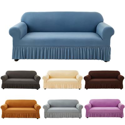 Elastic Solid Color Sofa Cover Full Protection Slip Resistant Minimalist Skirted Design