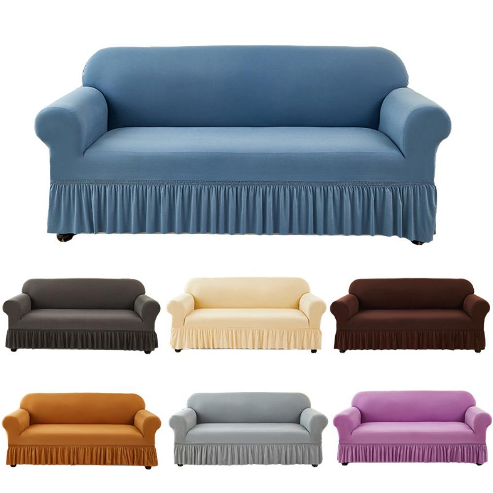 Elastic Solid Color Sofa Cover Full Protection Slip Resistant Minimalist Skirted Design
