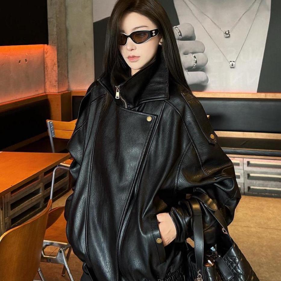 

Hong Kong Retro Bad Boy Leather Jacket for Women - Autumn, Loose, Versatile, Slimming Design S (suggested weight 80-100 jin)