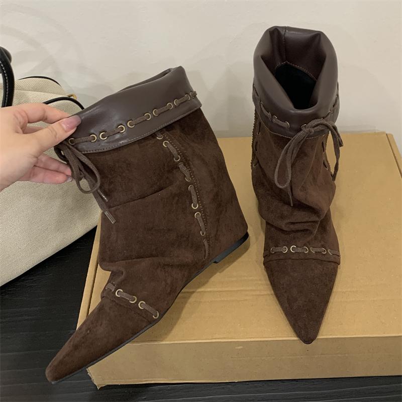 Eilyken Punk Design Style Insoles Height Wedges Heels Women Knee-High Boots Autumn Winter Vintage Pointed Toe Lace-up Shoes