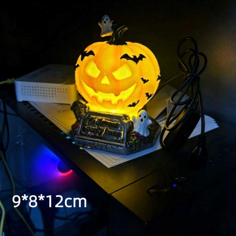 Halloween Resin Table Lamp Handcrafted Gothic Pumpkin & Wizard Hat Night Light USB Powered Warm Amber Light Home Decoration