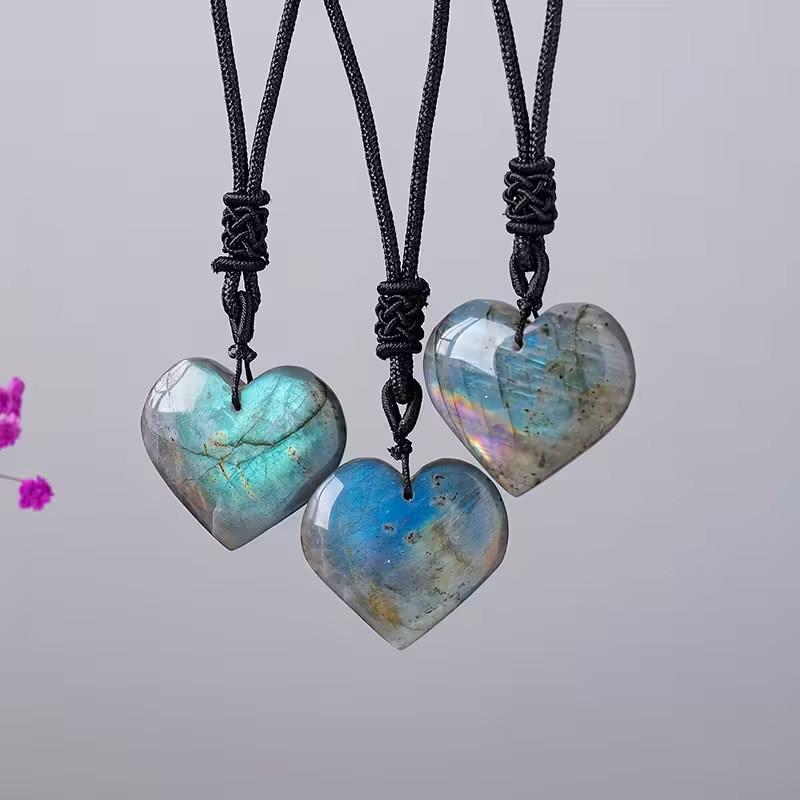 Long Natural Labradorite Crystal Heart Pendant Necklace With Polished White Quartz For Romantic Gifts