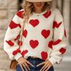 Women's Cozy Fleece Sweatshirt with Heart Print Long Sleeve Crew Neck Casual Fall/Winter Pullover