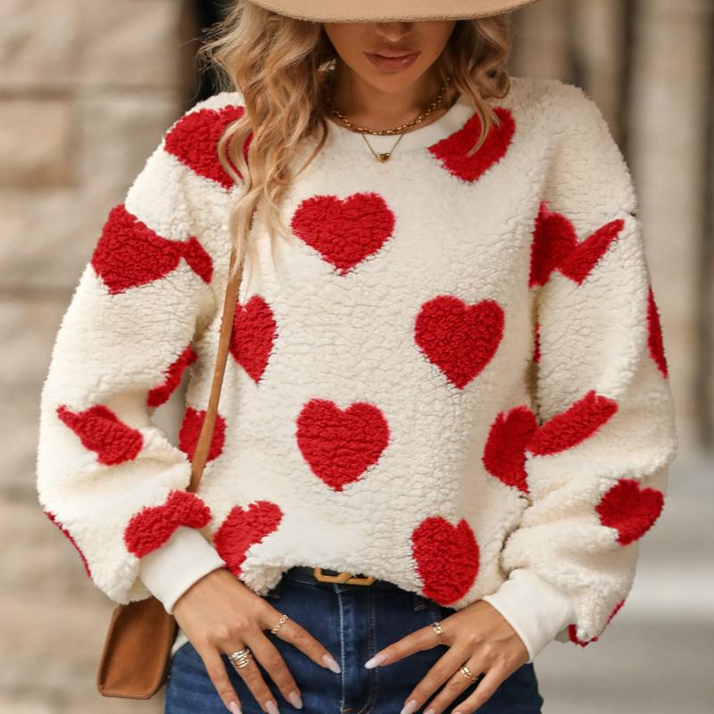 Women's Cozy Fleece Sweatshirt with Heart Print Long Sleeve Crew Neck Casual Fall/Winter Pullover