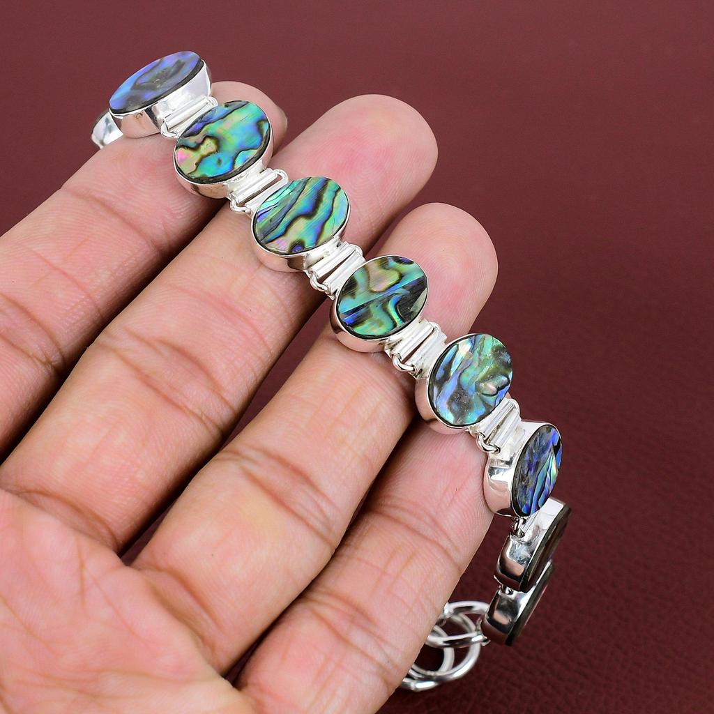 Abalone Shell Bracelet Handmade Jewelry 925 Sterling Silver Bracelet Gemstone Jewelry Adjustable Chain Bracelet Gift For Her Elegant Jewelry