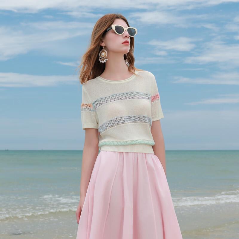 Sancai 2025 Fall Women's Striped Short-Sleeve Knit Sweater