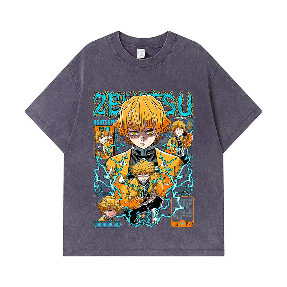 275 GSM Gewaschene T-Shirts 100% Baumwolle Demon Slayer V100 Zenitsu Print Unisex Schweres Baumwoll-T-Shirt
