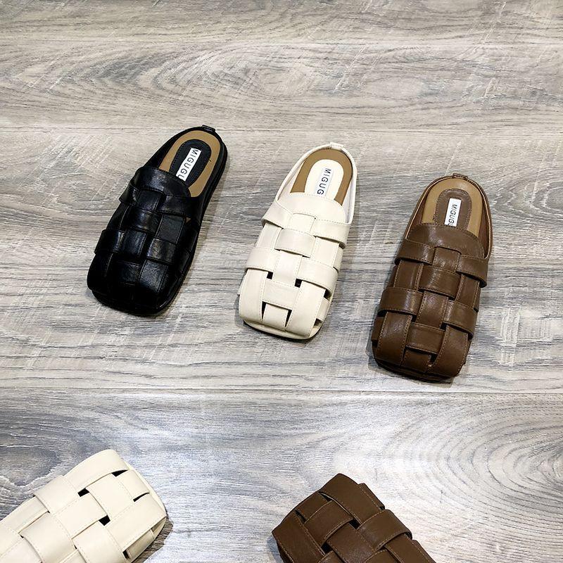 Retro woven bag head half slippers women's wear 2025 spring and summer new square head lazy shoes Internet celebrity flat muller shoes