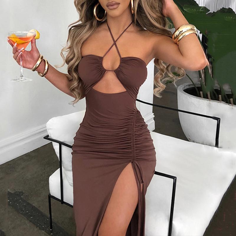 Letní sexy šaty pro ženy bez rukávů s odhalenými zády s výřezy společenské šaty módní šněrovací halterové bodycon elegantní šaty s rozparkem