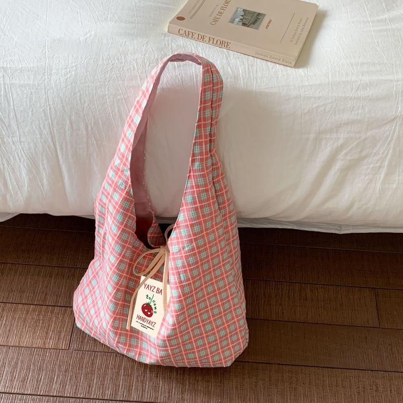 

Double Sided Commuter Bag Fashiable Versatile Bags Canvas Plaid Handbag Lightweight Shoulder Bag For Short Trips Lunch рожевий