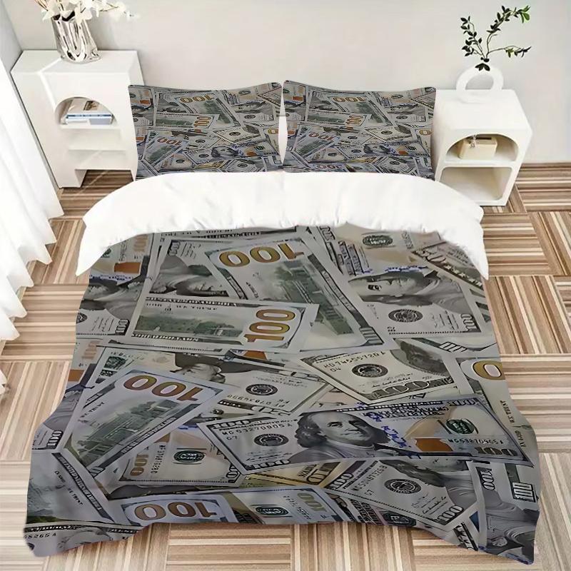 3pcs 100 Dollar Bill Print Comforter Set with 1 Quilt Cover and 2 Pillowcases (No Core) - Home Decor, Holiday Gift, Polyester Fabric, Anime Cartoon De