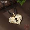 New Enamel Color Love Lock Leather Rope Long Pendant, Women's Exaggerated Hollow Heart-shaped Leather Rope Long Necklace