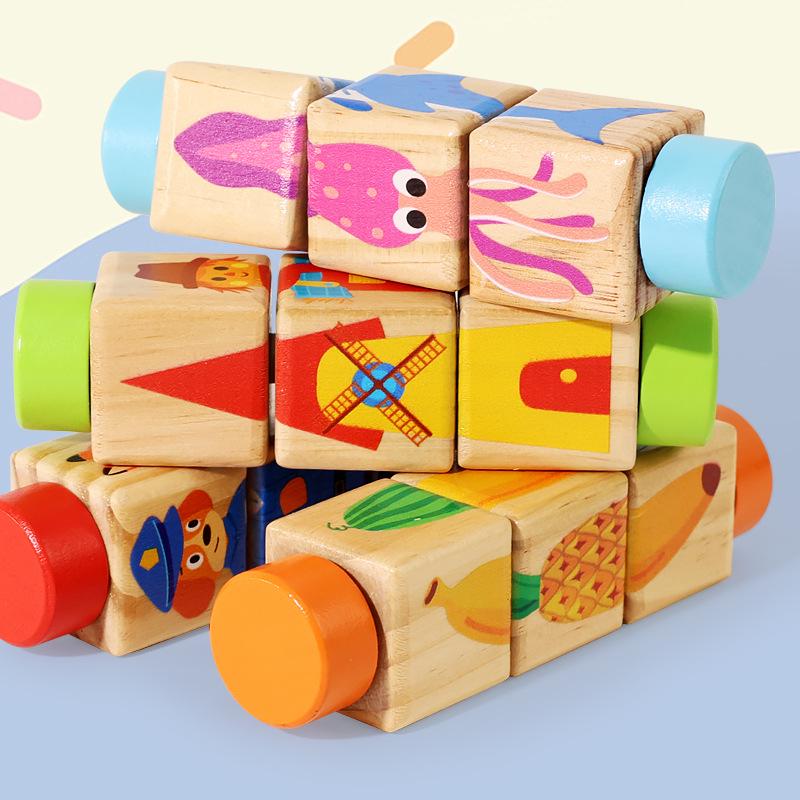 Wooden 3D Cartoon Animal & Fruit Puzzle Blocks for Toddlers – Rotating Educational Board