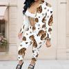 Women Plus Size White Printed Stand Collar Long Sleeve Zip Front Jacket And Long Pants Set