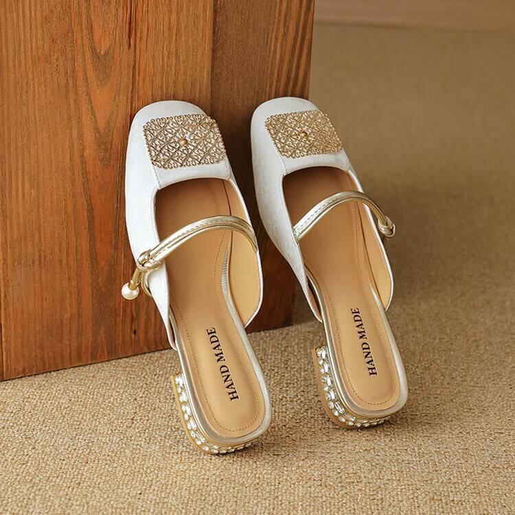 

Національний стиль, сандалі-баотоу на товстій підошві, жіночі напівсліпони, зносостійкі, на блочному каблуці, тапочки, жіноче взуття 35 білий