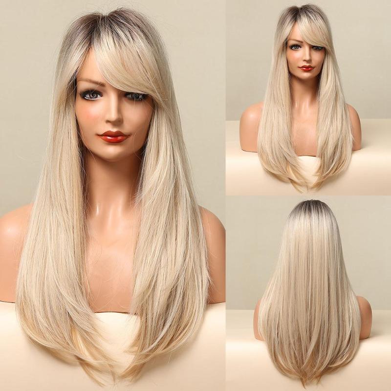 Long Straight Blonde White Ombre Synthetic Wig With Bangs Cosplay Hair Wigs for Women Heat Resistant KTB