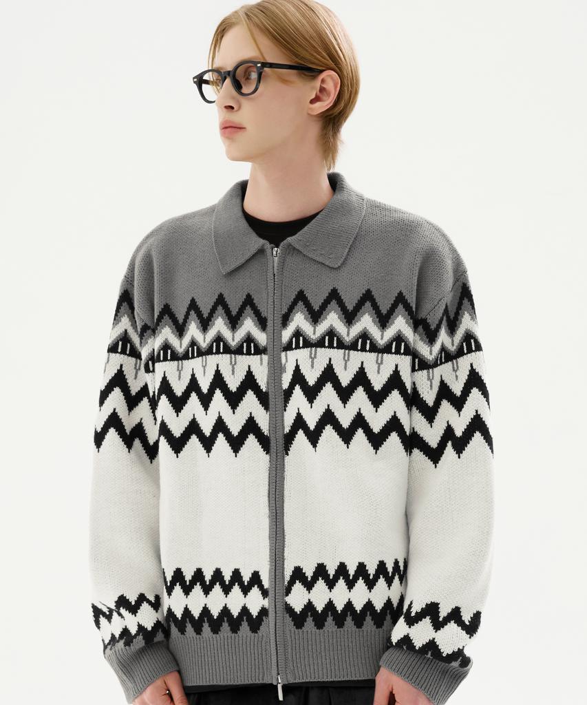 TRILLION Washable Nordic Jacquard Collar Neck 2-Way Zip-Up Knit [Gray]