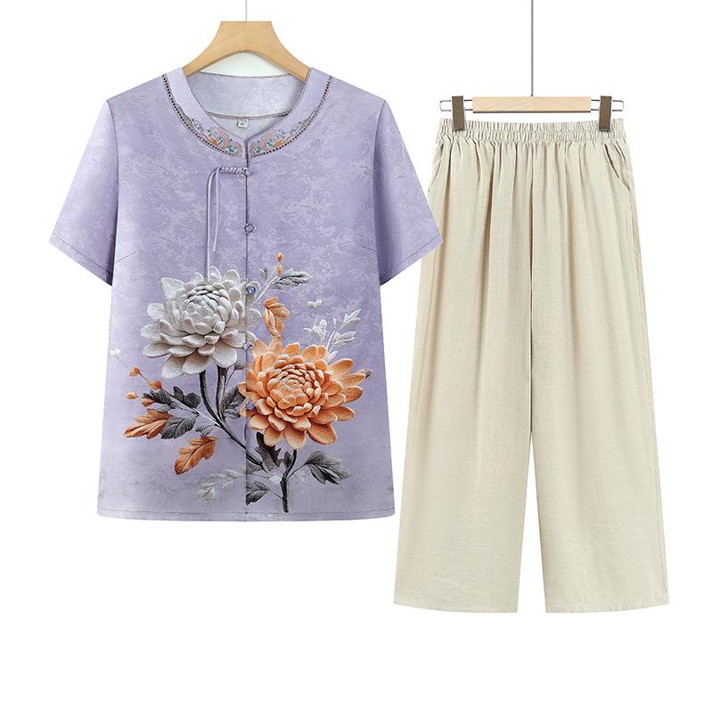 

Grandma s Chinese Style Summer Outfit: Two-Piece Mid-Sleeve Shirt & Pants Set for Elderly XL (for 85-100 jins) фиолетовый