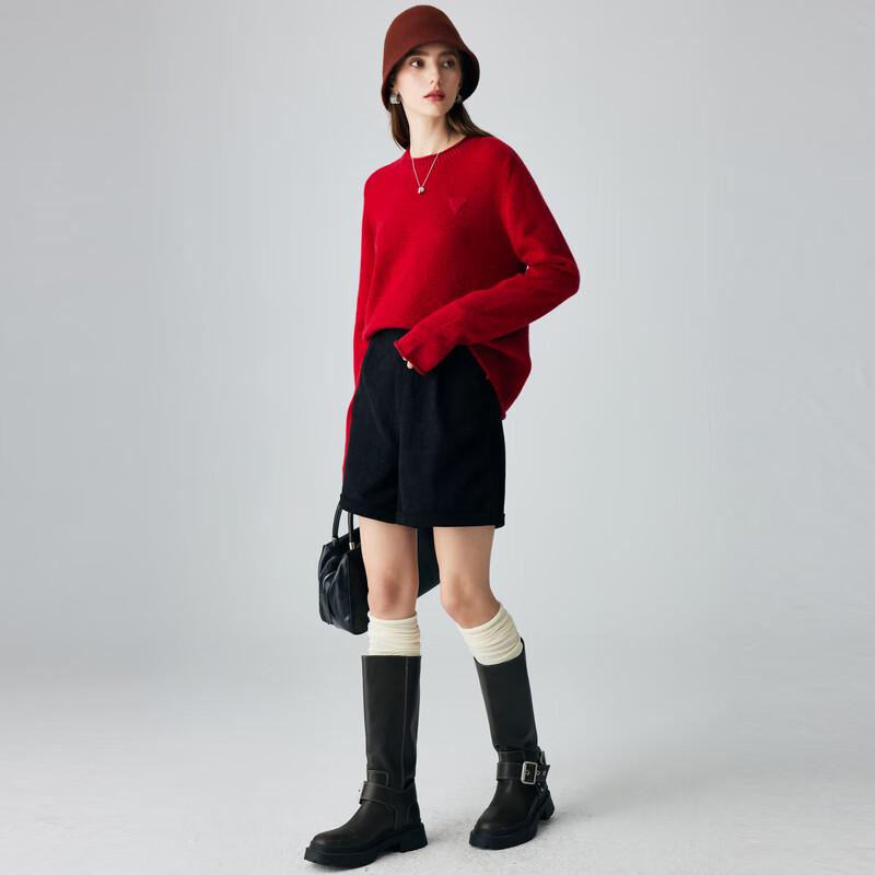 Paruo Women's 100% Cashmere Rolled-Edge Round Neck Sweater