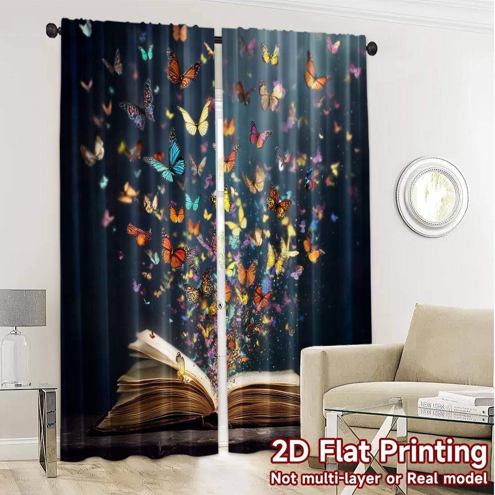 2pcs, 2D FLAT PRINTING Curtains (Without Rod) Butterfly Tales Light Filtering Chic Curtains Polyester Curtains Decorations