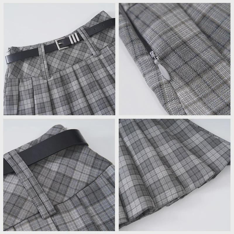 Women's American Retro Plaid High Waist Pleated Skirt - Early Autumn College Style, Anti-Exposure
