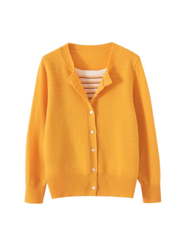 Plus Size Korean Style Wool Striped Two-Piece Cardigan - Slimming Short Autumn/Winter Top