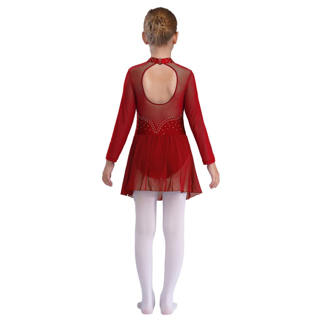 Girls Sparkling Mesh Dance Dress Long Sleeve Keyhole Back Leotard for Ice Skating Ballet Costume
