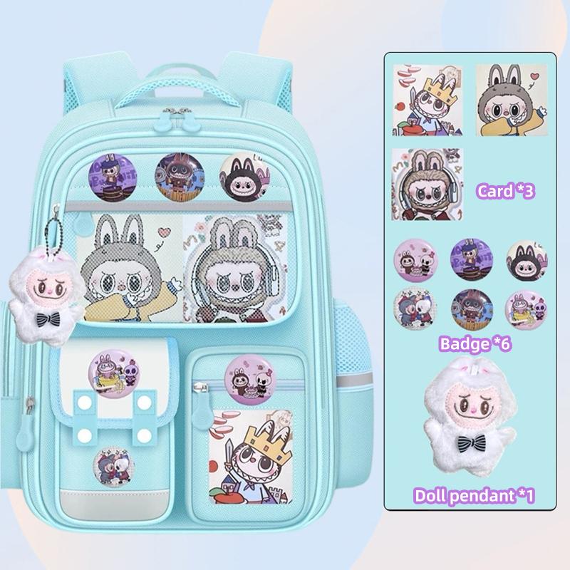 Nuovi Zaini Scolastici per Bambini LABUBU Cartone Animato Zaini per Bambini dalla Seconda alla Sesta Elementare Impermeabili Leggeri e di Grande Capacità con Ciondolo blu