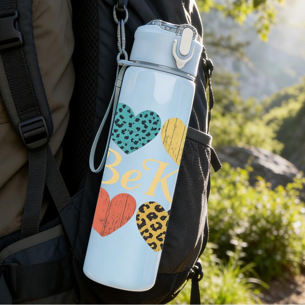 1PC Be Kind Multi Hearts 750ml Color Plastic Sports Water Bottle Leakproof Flip Straw Lid Suitable for Sports Office Home Use