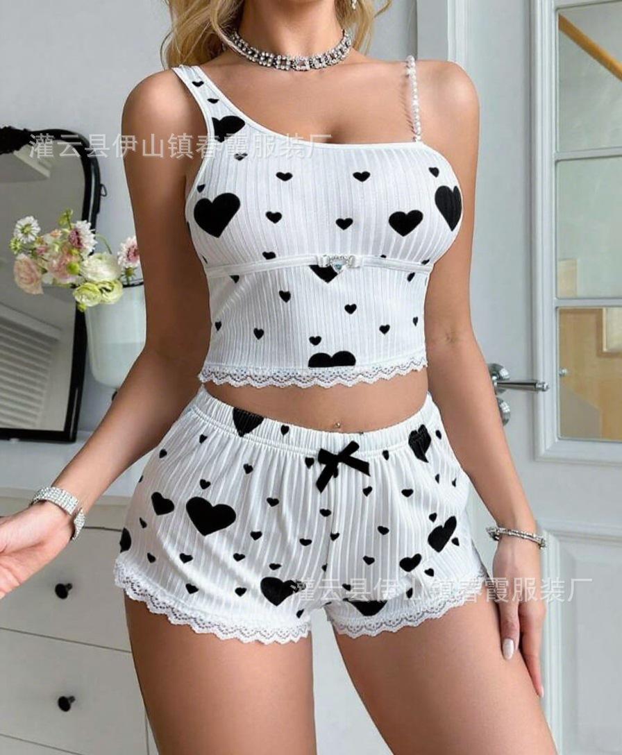 

2026 New Love Printed Suspender Shorts Set Loungewear Pit Ribbed Women XL