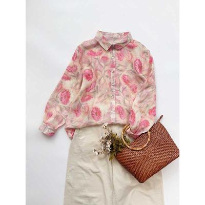 Early Autumn Pink Floral Shirt Made of Ramie Fabric French Artistic Printed Shirt Versatile Women's Top