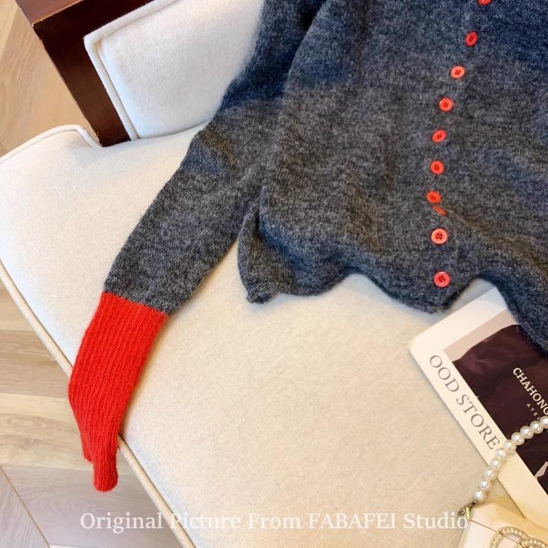 Dark Gray Button Sweater Cardigan Women's Spring Knitted Bottoming Shirt Lazy Wind Contrasting Color Cuff Splicing Top
