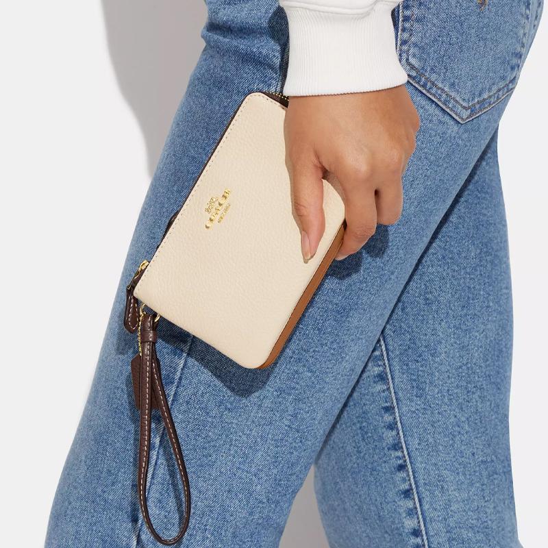 New COACH Double Zip Wallet Glossy Pebbled Leather Clutch Wrist Bag Small Size Women's Ivory White 91622-IMUOF