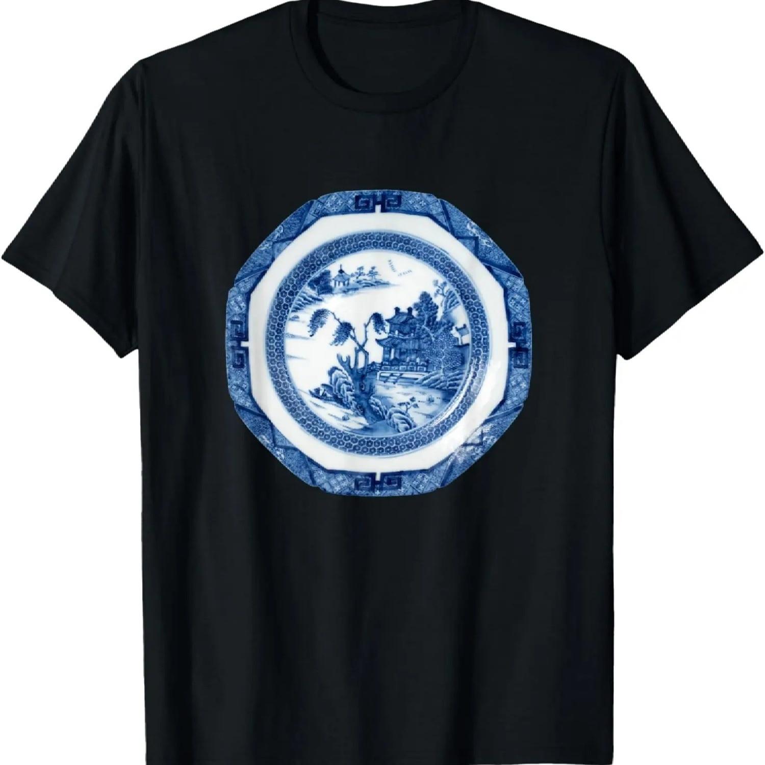 

Chinese Qianlong Blue & White Willow Pattern Oriental Design T-Shirt XXXXXL чорний