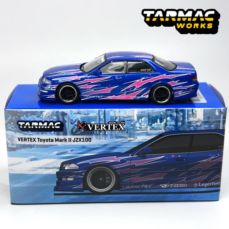 QEZT6 Tarmac Works 1:64 TW VERTEX Toyota Mark II JZX100 Blue Metallic Chase alloy car model