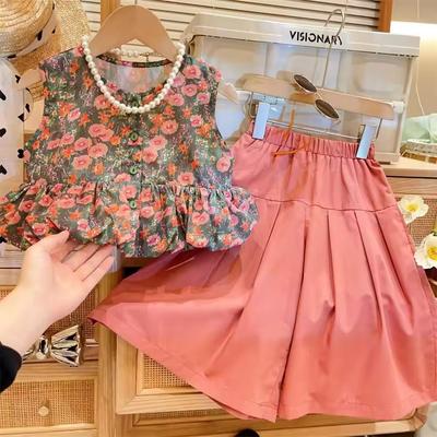 Girls' Summer Children's Clothing Set: Floral Print Sleeveless Tank Top + Skirt-Pants Fresh Two-Piece Set