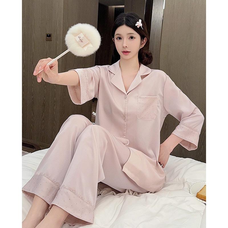 Solid color hot diamond simple light luxury nine-quarter sleeve pajamas women's ice silk silk autumn and winter comfortable loungewear set