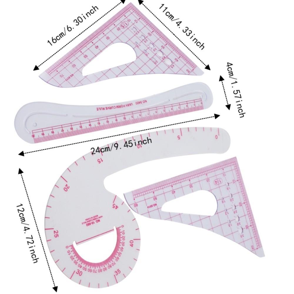 4pcs Multifunction Pattern Ruler Plastic Drafting Tool Durable Curve Ruler Clothing Design