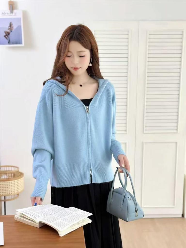 Hooded zipper knitted sweater women's autumn and winter new fashion lazy top loose sweater jacket sweater