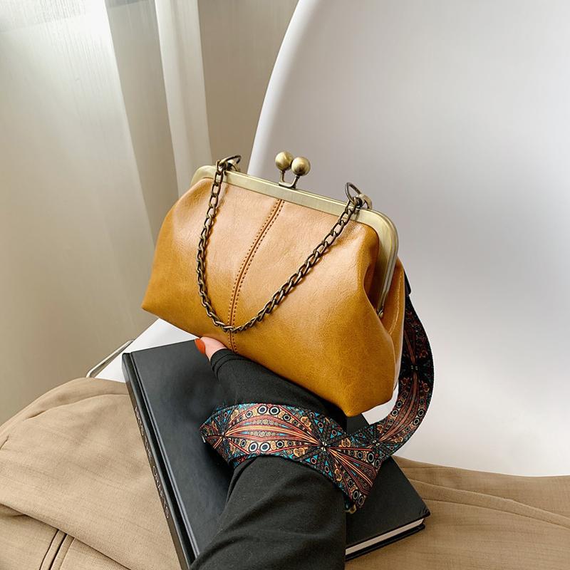Wide Strap Vintage Fashion PU Leather Bag Women's Handbags Chain Tote Bags Women Shoulder Crossbody Messenger Bags