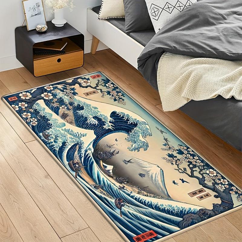 Retro Japanese Ukiyo-e Wave Design, Non-Slip And Dirt-Resistant Rug, For Kitchen, Entrance, Living Room Carpet Home Decor