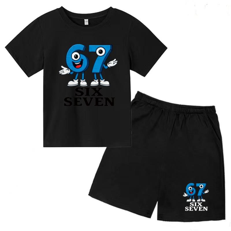 Children Summer Six Seven 67 Cartoon Print Casual Set Clothes T-shirt+Shorts 2P Charming Boy Girl Toddler 3-12 Yrs Short-sleeved