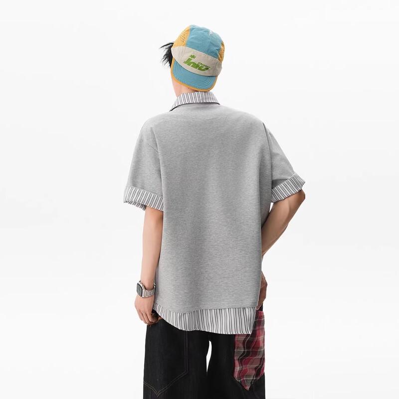 QOTRIOCK Unisex Striped Fake Two-Piece Polo T-Shirt