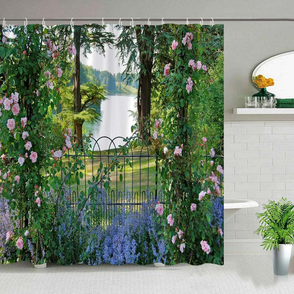 Tenda da Doccia da Giardino Esterna Muro a Fiori Arco Architettura Piante Fiori Paesaggio Poliestere Tende Sospese Decorazioni Bagno